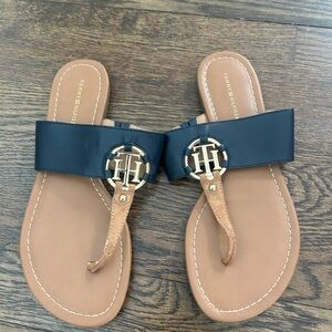 Tommy Hilfiger Black and Tan Sandals with Classic Design
